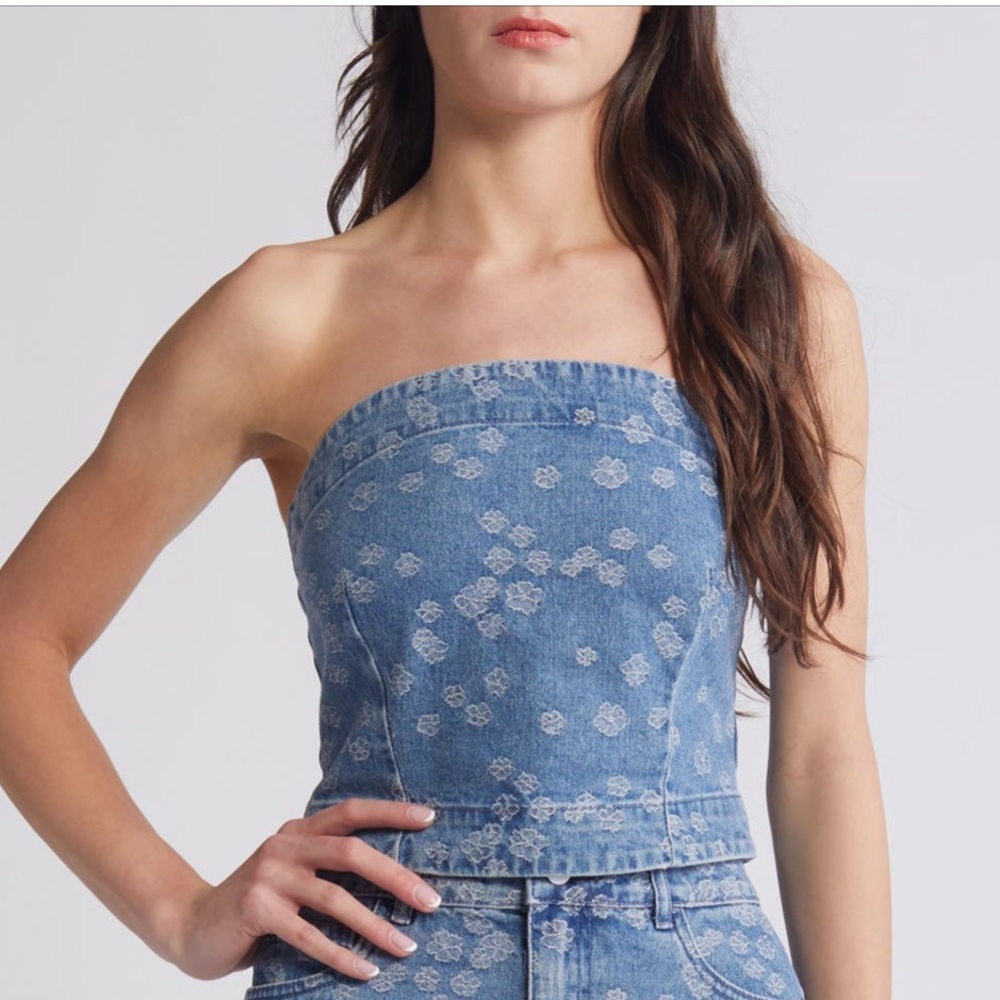 Vero Moda Denim Crop Top in Embroidered Floral Print